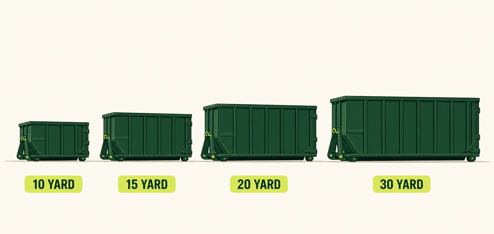 Comparison of 10, 15, 20 and 30 yard roll-off dumpster sizes